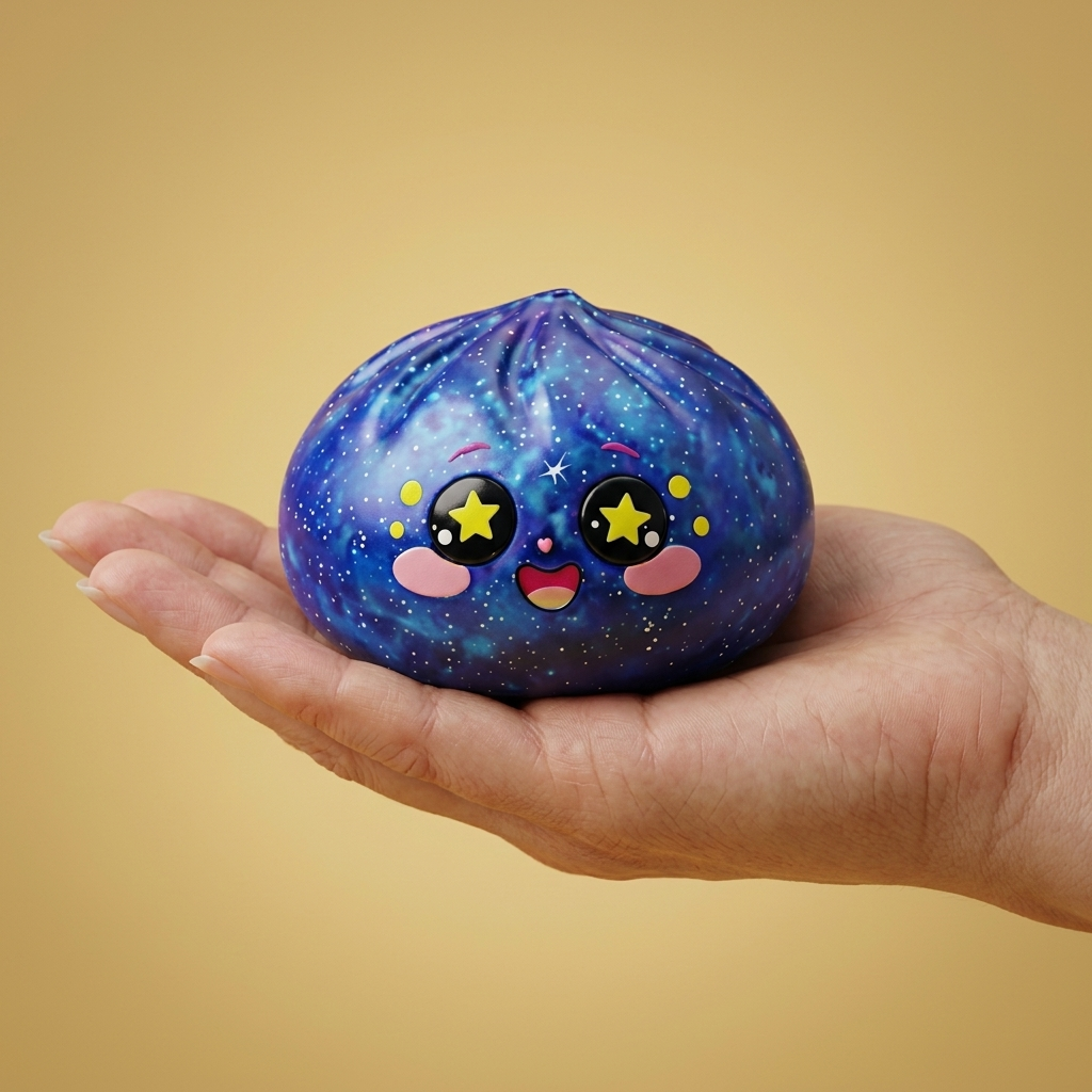 Galaxy Dumpling Squishy Cosmique Étoilé tenu en main, taille réelle