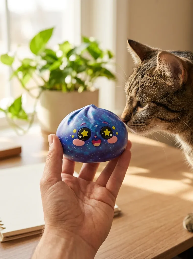 Galaxy Dumpling Squishy Cosmique Étoilé tenu près d'un animal de compagnie curieux