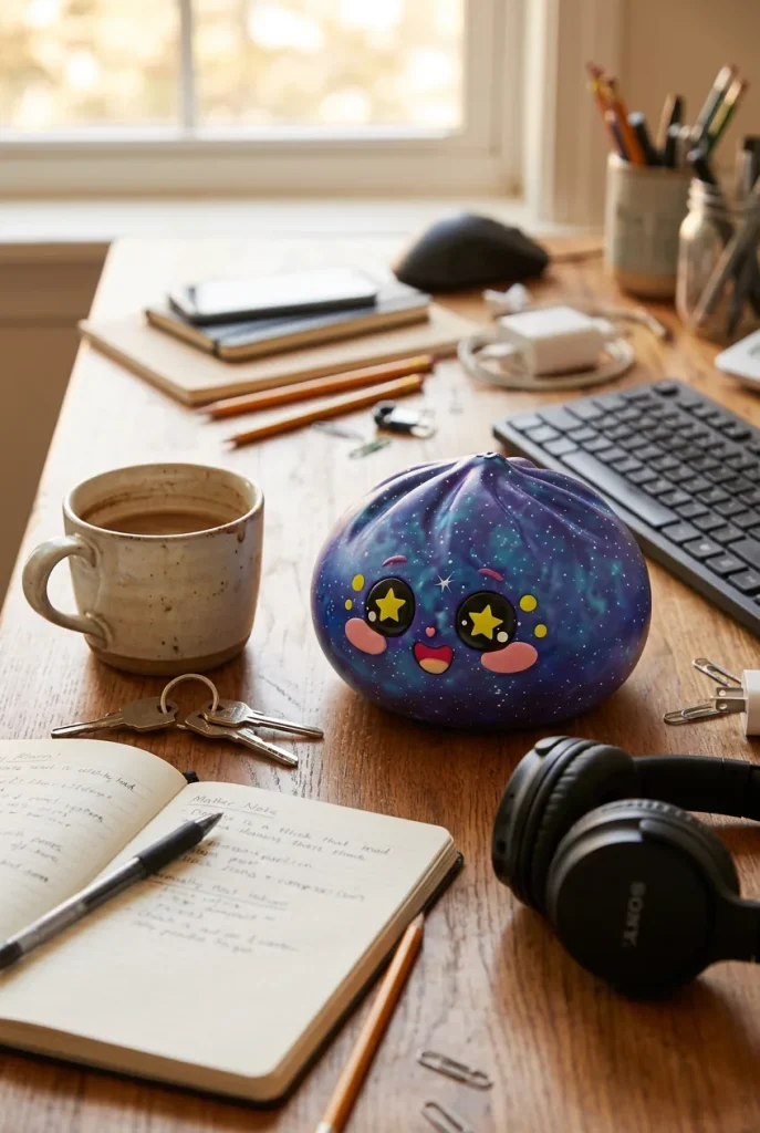 Galaxy Dumpling Squishy Cosmique Étoilé posé sur un bureau, dans le quotidien