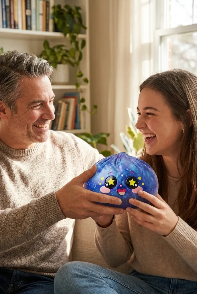 Galaxy Dumpling Squishy Cosmique Étoilé offert en cadeau entre deux personnes