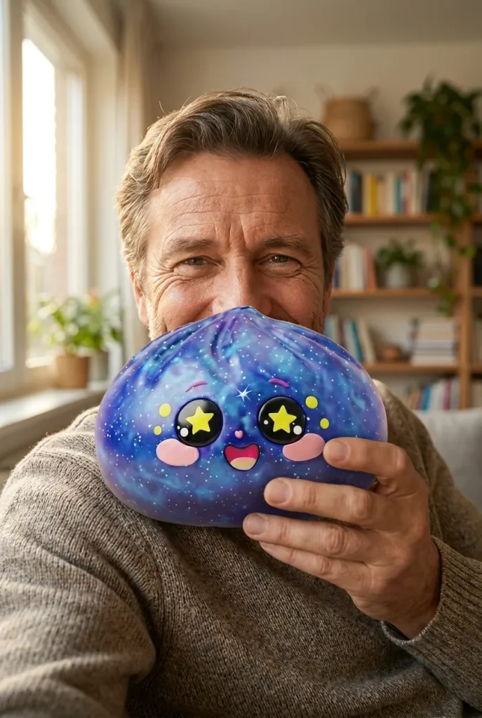 Galaxy Dumpling Squishy Cosmique Étoilé tenu près du visage — photo client