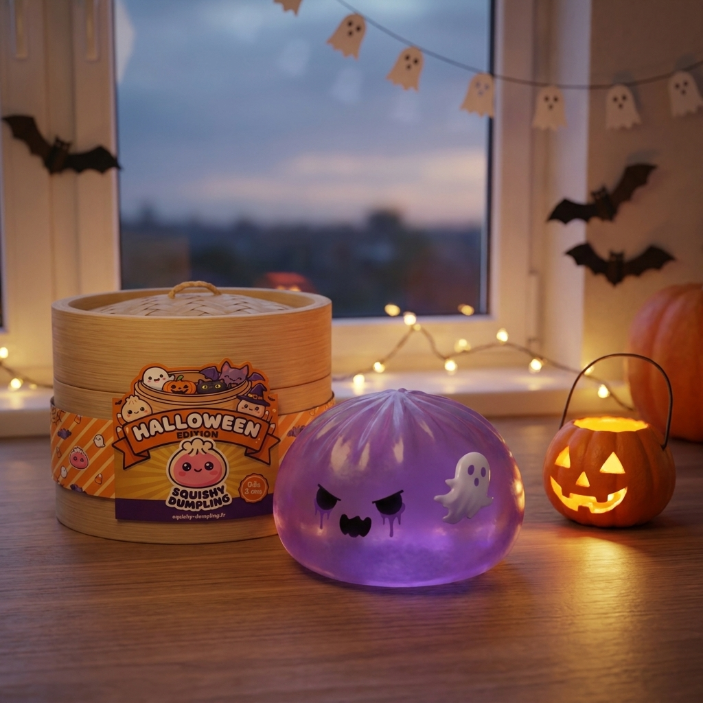 Squishy Dumpling Fantôme Boo en ambiance sur un bureau
