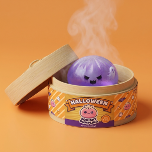 Squishy Dumpling Fantôme Boo dans sa boîte panier vapeur bambou
