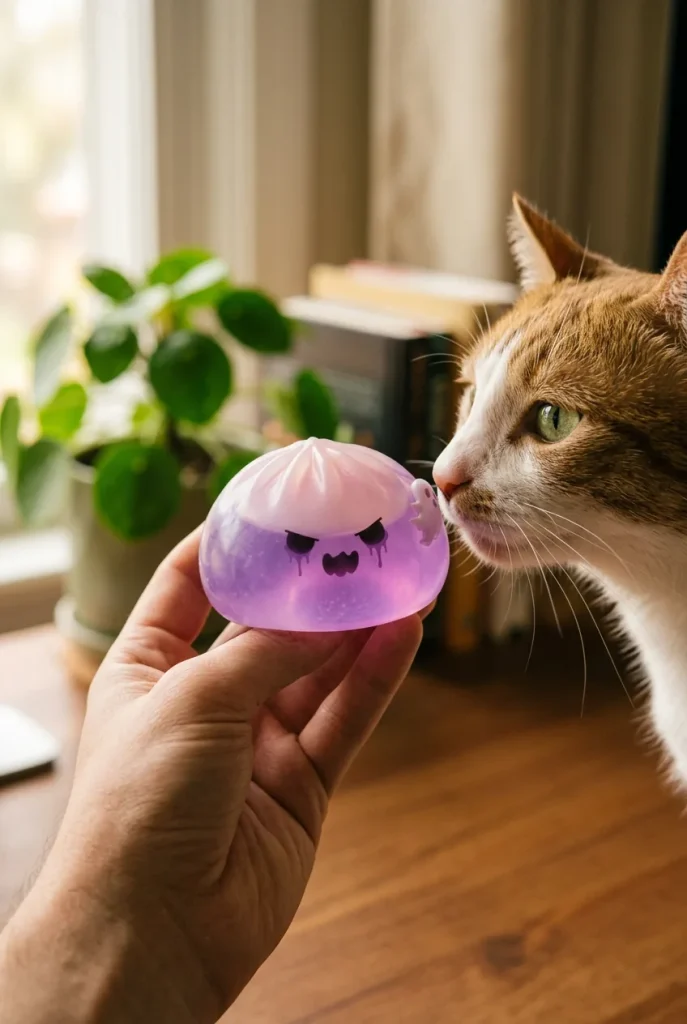 Squishy Dumpling Fantôme Boo tenu près d'un animal de compagnie curieux