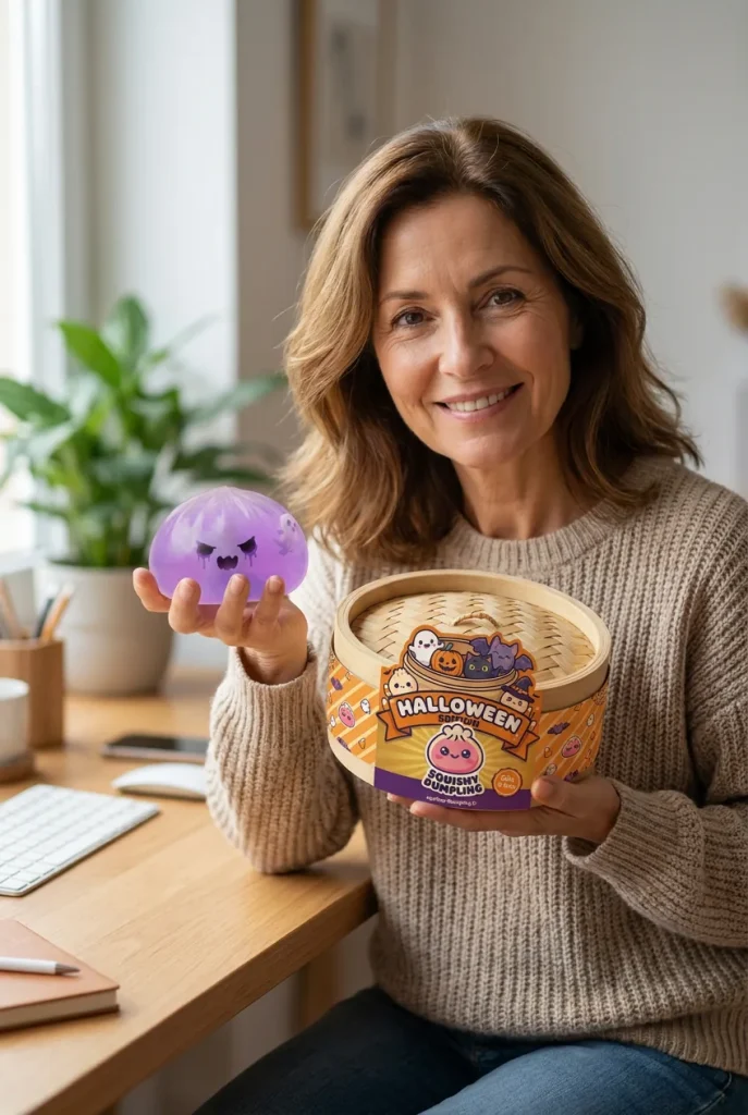 Squishy Dumpling Fantôme Boo présenté avec sa boîte panier vapeur — photo client