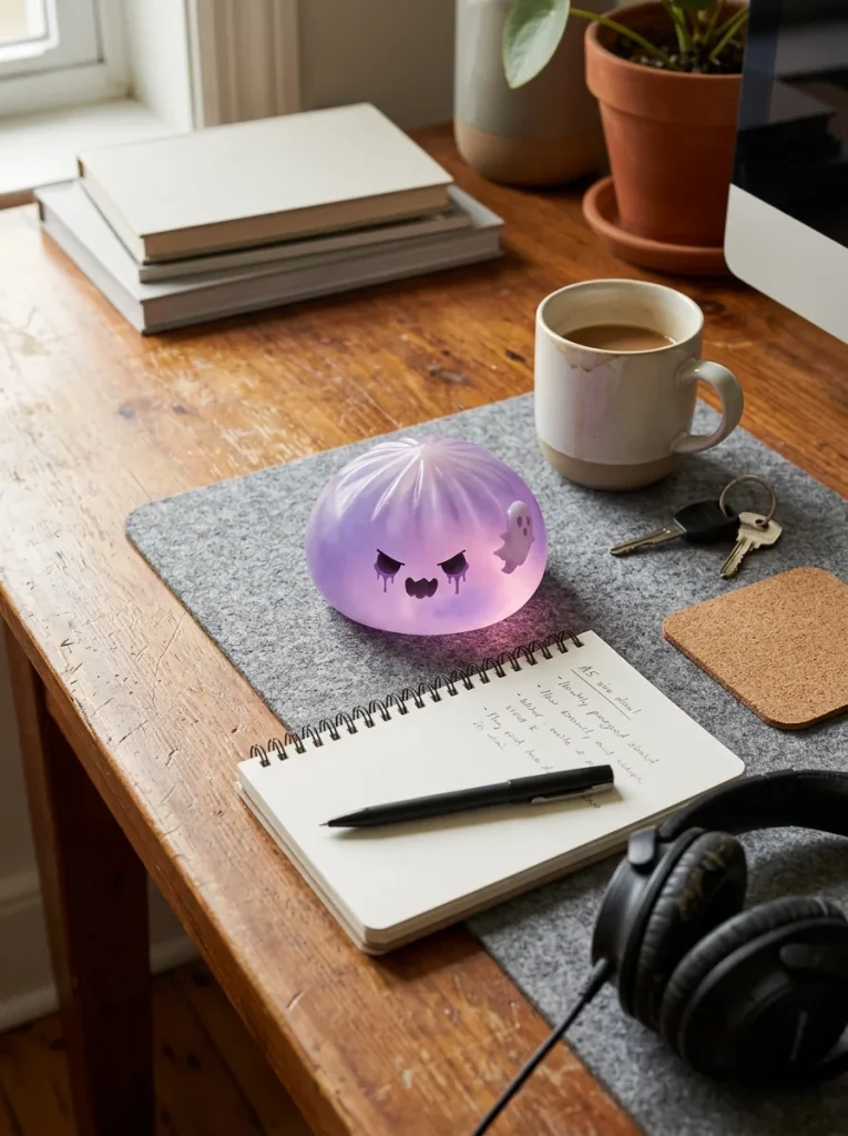 Squishy Dumpling Fantôme Boo posé sur un bureau, dans le quotidien