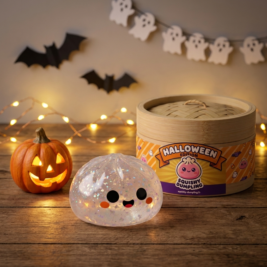 Squishy Dumpling Fantôme Glitter Halloween en ambiance sur un bureau