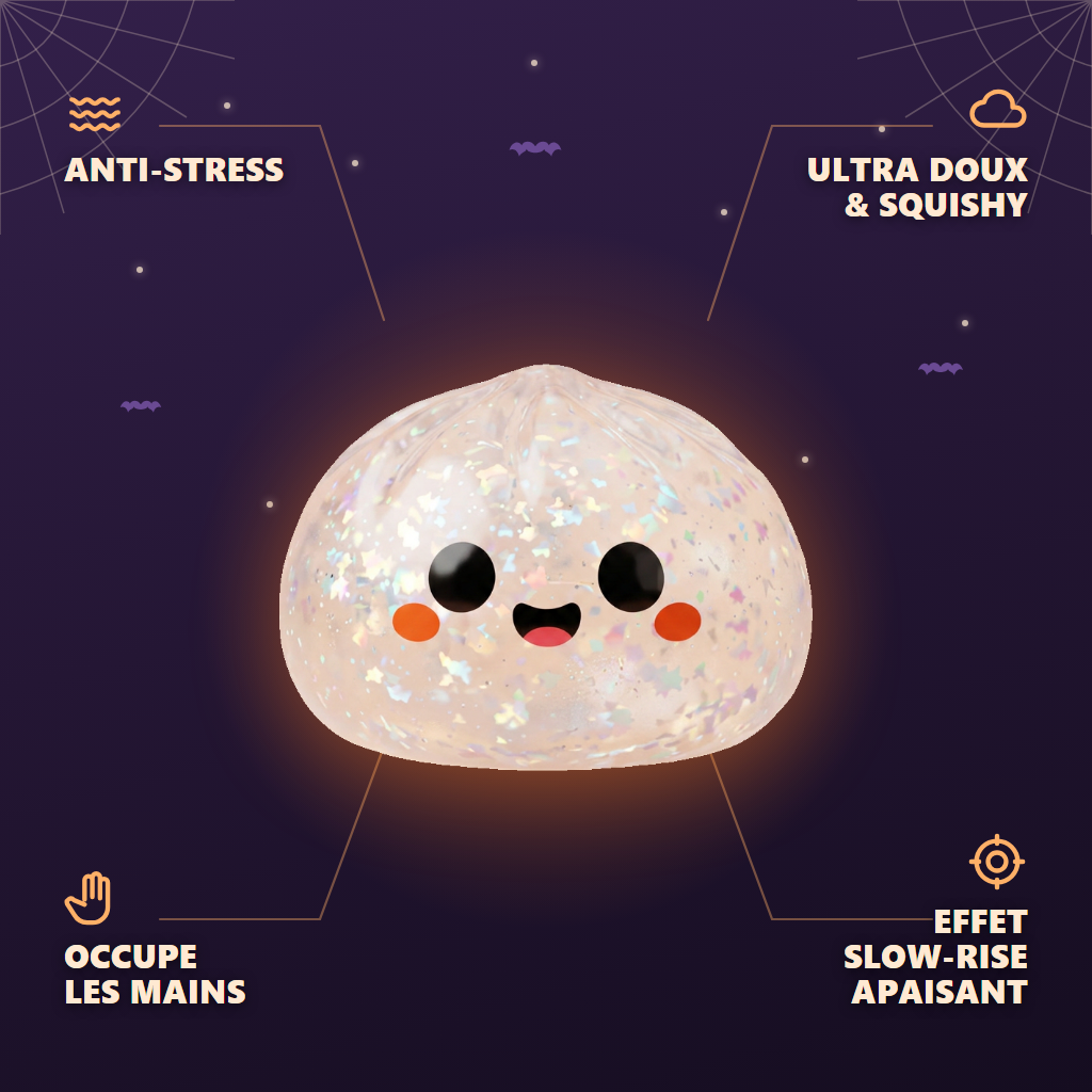 Squishy Dumpling Fantôme Glitter Halloween — anti-stress, ultra doux, effet slow-rise