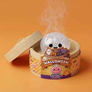 Squishy Dumpling Fantôme Glitter Halloween dans sa boîte panier vapeur façon bambou