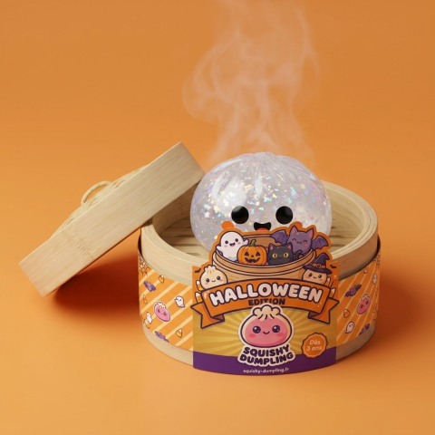 Squishy Dumpling Fantôme Glitter Halloween dans sa boîte panier vapeur façon bambou