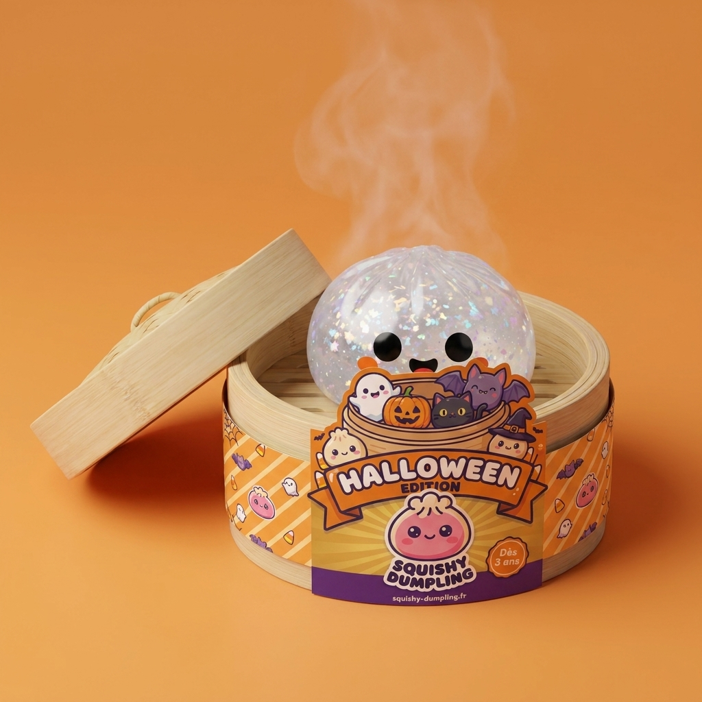 Squishy Dumpling Fantôme Glitter Halloween dans sa boîte panier vapeur façon bambou
