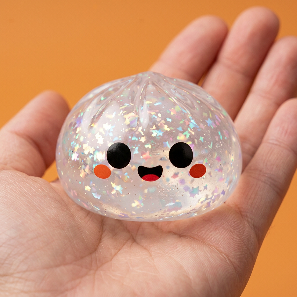Squishy Dumpling Fantôme Glitter Halloween tenu en main, taille réelle