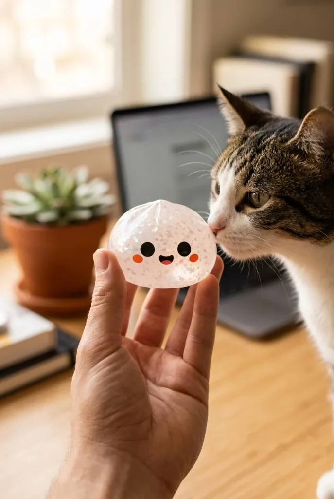 Squishy Dumpling Fantôme Glitter Halloween tenu près d'un animal de compagnie curieux