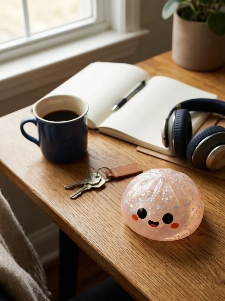 Squishy Dumpling Fantôme Glitter Halloween posé sur un bureau, dans le quotidien