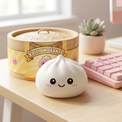 Giant Dumpling Squishy Jouet XXL en ambiance sur un bureau