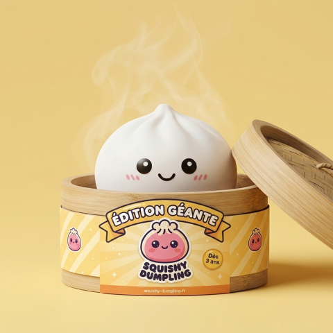 Giant Dumpling Squishy Jouet XXL dans sa boîte panier vapeur bambou