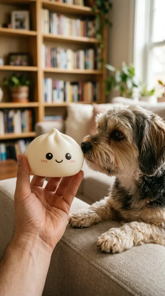 Giant Dumpling Squishy Jouet XXL tenu près d'un animal de compagnie curieux