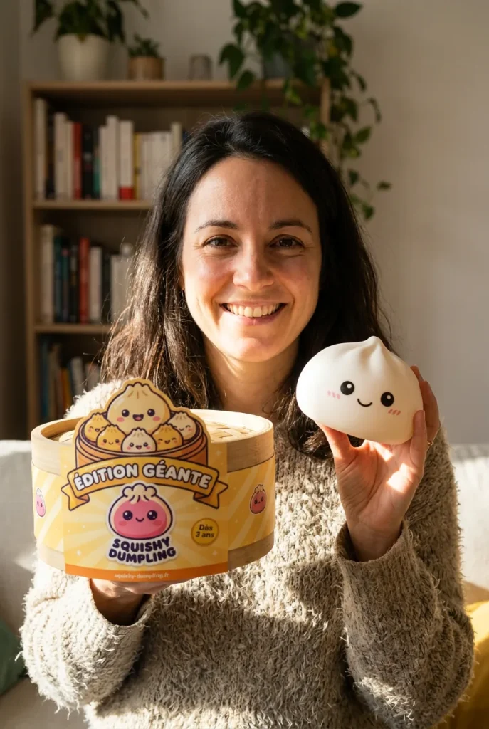 Giant Dumpling Squishy Jouet XXL présenté avec sa boîte panier vapeur — photo client