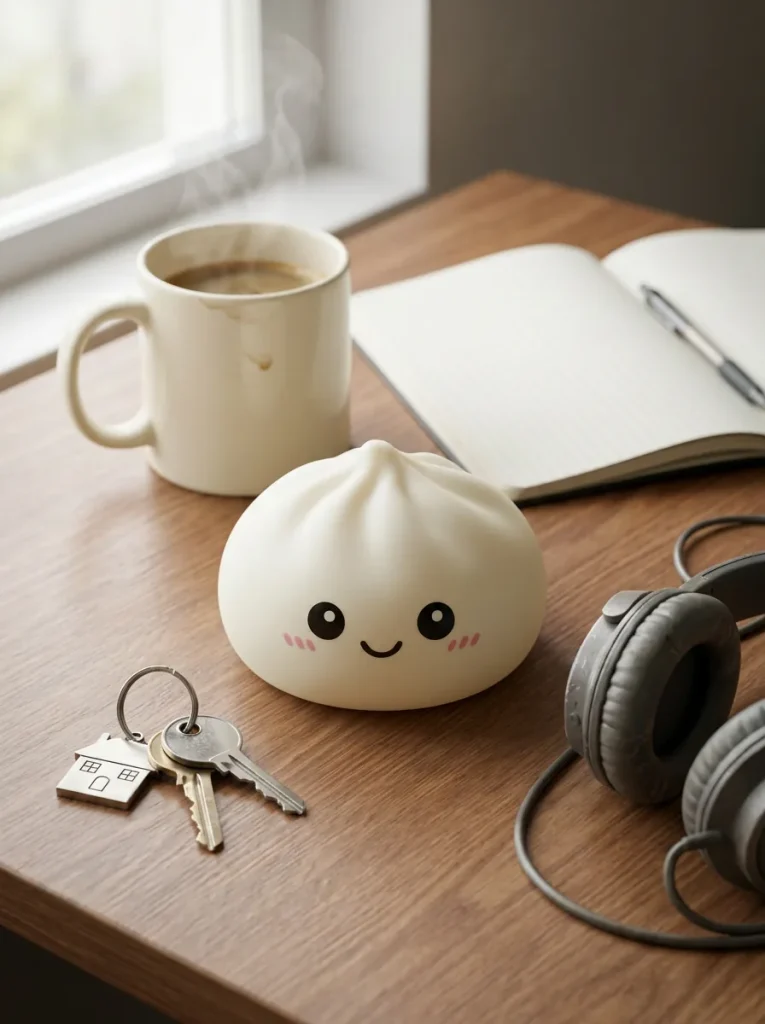 Giant Dumpling Squishy Jouet XXL posé sur un bureau, dans le quotidien