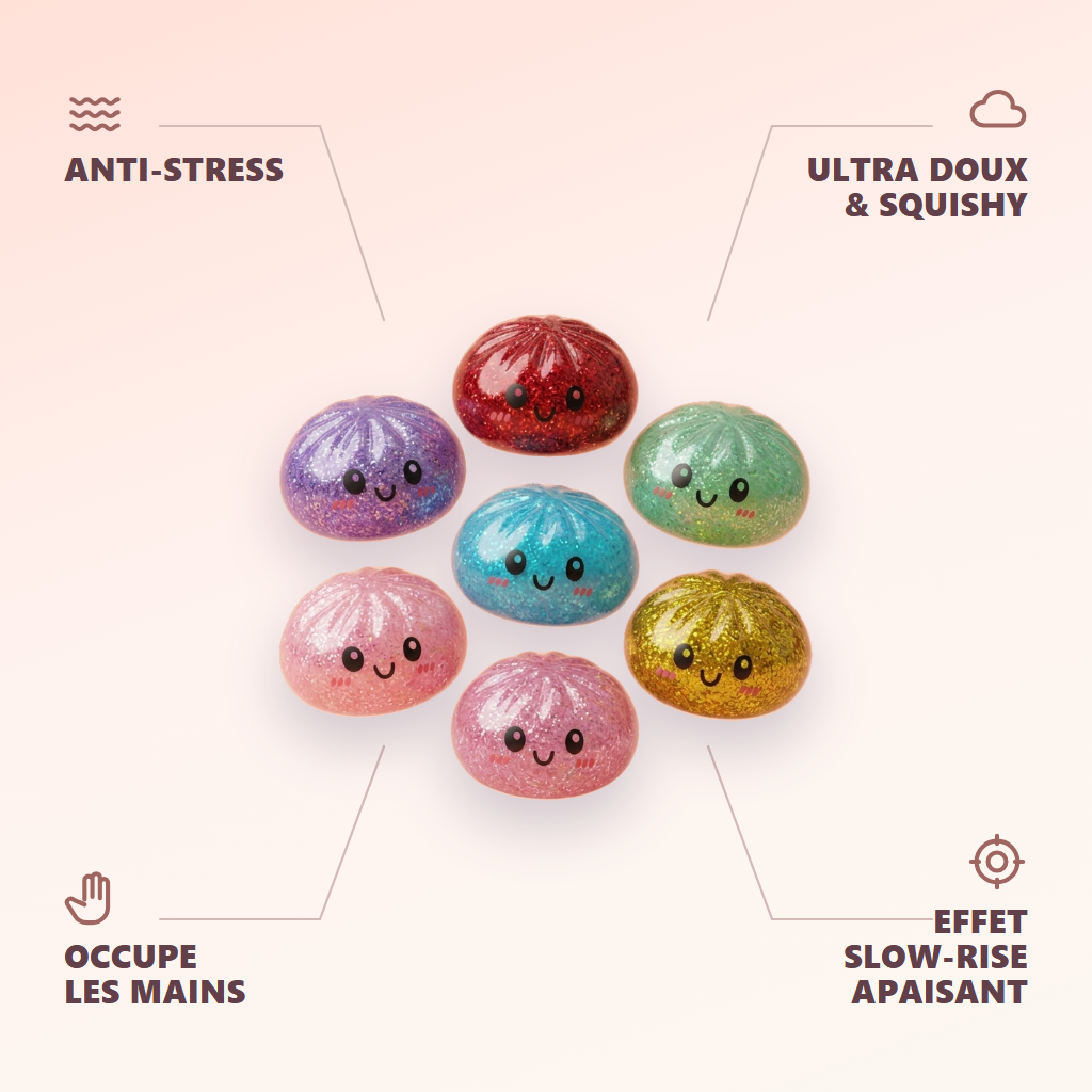 Glitter Dumpling Squishy Set De 6 — anti-stress, ultra doux, effet slow-rise