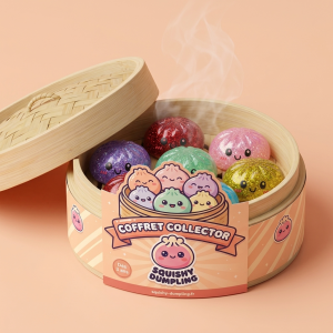 Glitter Dumpling Squishy Set De 6 dans sa boîte panier vapeur bambou