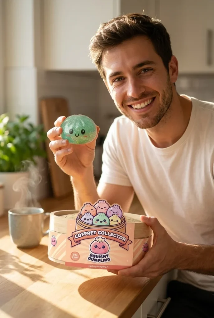Glitter Dumpling Squishy Set De 6 présenté avec sa boîte panier vapeur — photo client