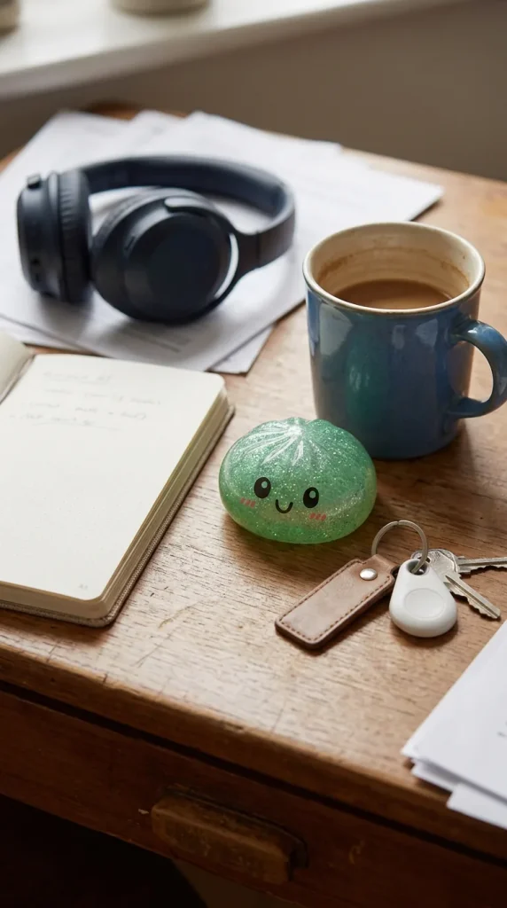 Glitter Dumpling Squishy Set De 6 posé sur un bureau, dans le quotidien