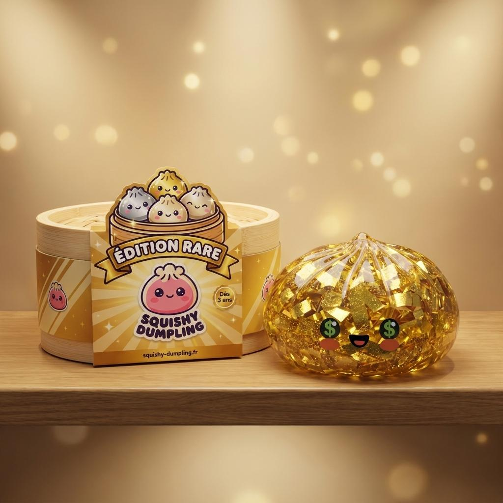 Gold Dumpling Squishy Édition Rare en ambiance sur un bureau
