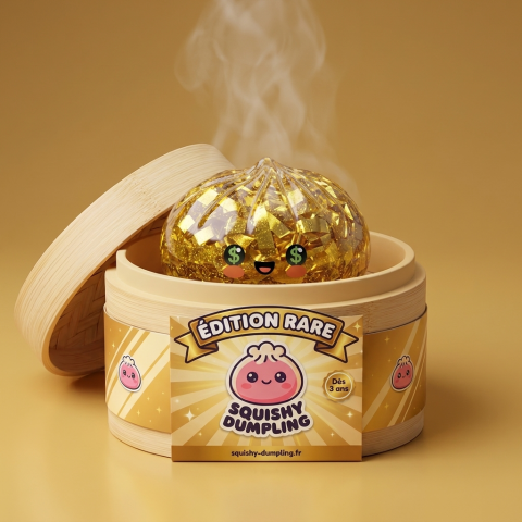 Gold Dumpling Squishy Édition Rare dans sa boîte panier vapeur bambou