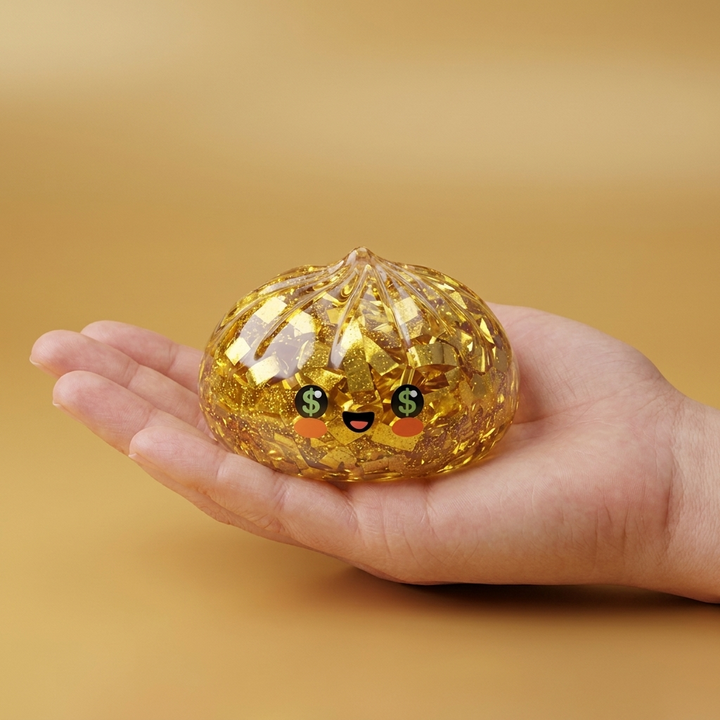 Gold Dumpling Squishy Édition Rare tenu en main, taille réelle