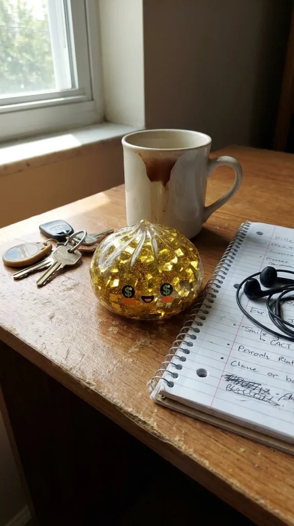 Gold Dumpling Squishy Édition Rare posé sur un bureau, dans le quotidien