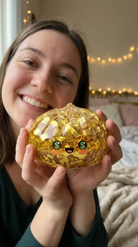 Gold Dumpling Squishy Édition Rare tenu près du visage — photo client