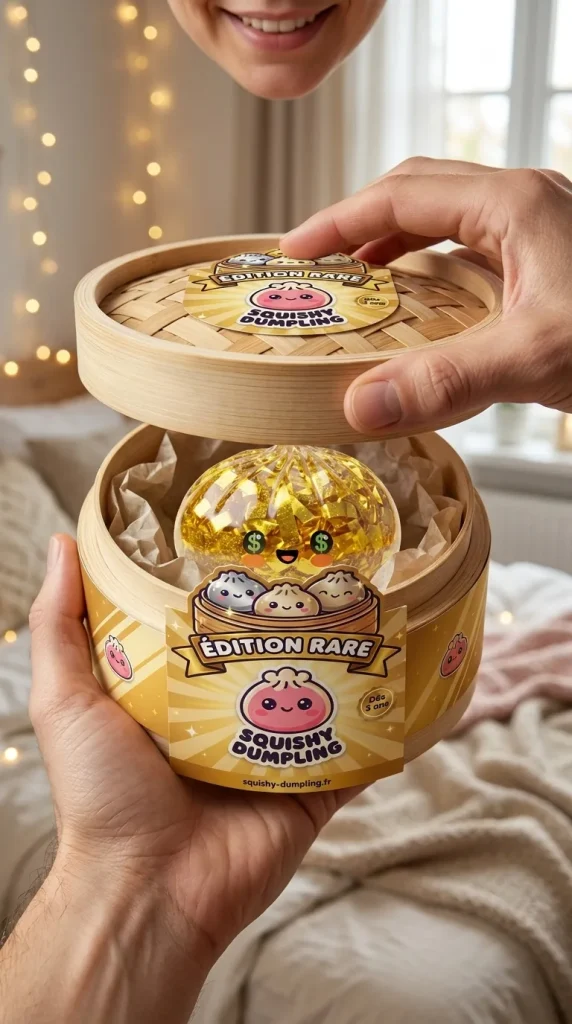 Déballage du Gold Dumpling Squishy Édition Rare — la boîte panier vapeur s'ouvre