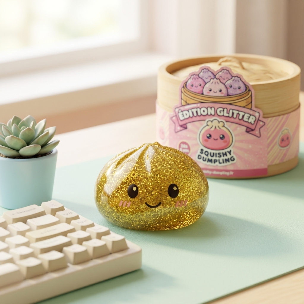 Glitter Dumpling Squishy Or Luxueux en ambiance sur un bureau