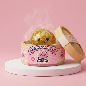 Glitter Dumpling Squishy Or Luxueux dans sa boîte panier vapeur bambou