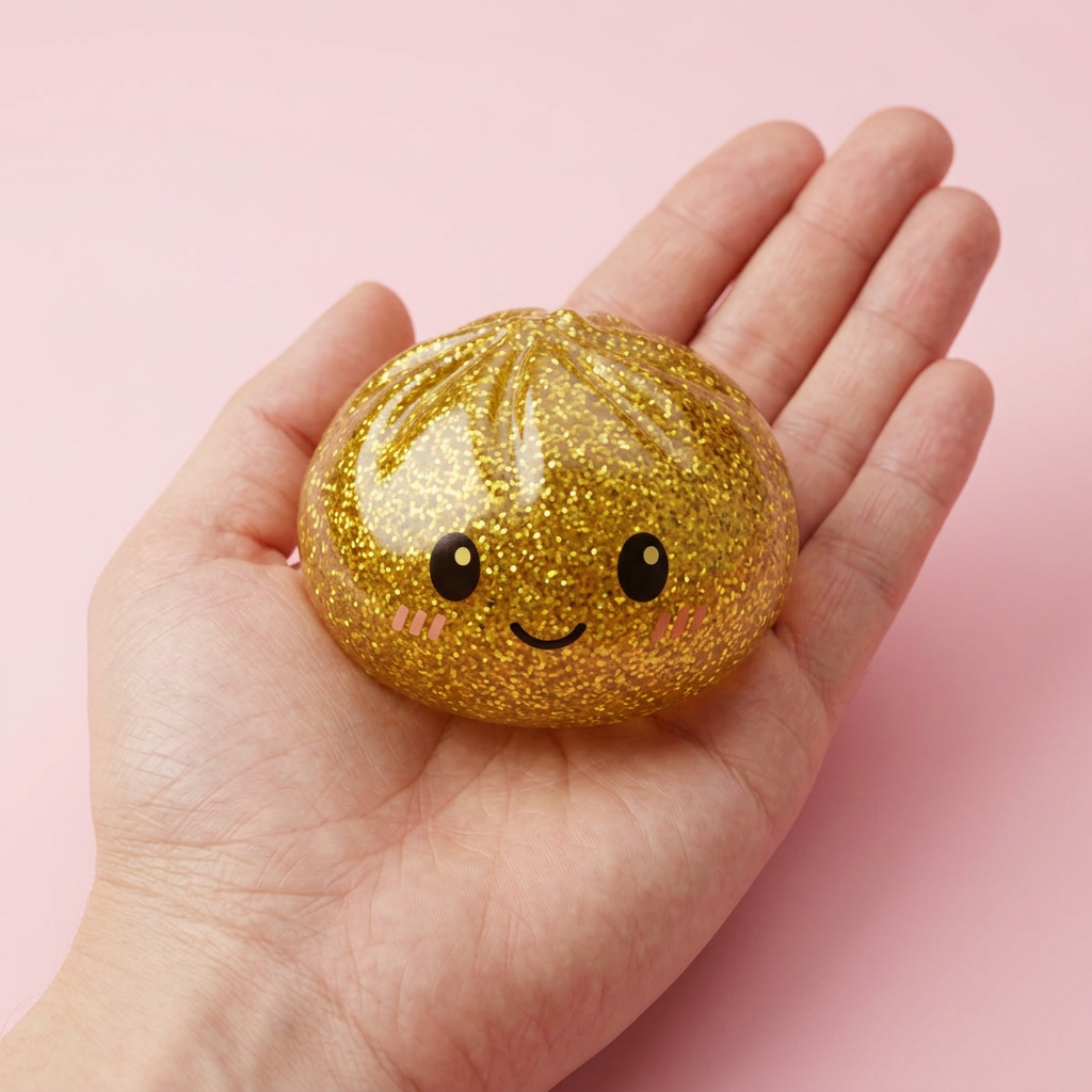 Glitter Dumpling Squishy Or Luxueux tenu en main, taille réelle