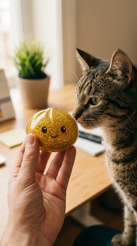 Glitter Dumpling Squishy Or Luxueux tenu près d'un animal de compagnie curieux
