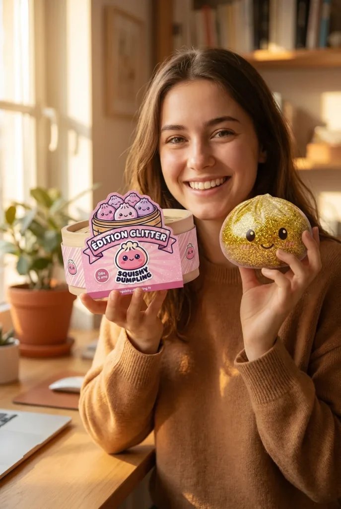 Glitter Dumpling Squishy Or Luxueux présenté avec sa boîte panier vapeur — photo client