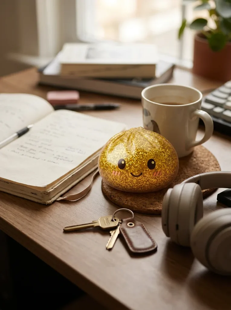 Glitter Dumpling Squishy Or Luxueux posé sur un bureau, dans le quotidien