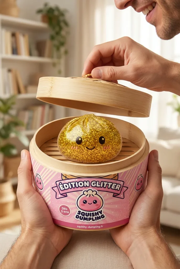 Déballage du Glitter Dumpling Squishy Or Luxueux — la boîte panier vapeur s'ouvre