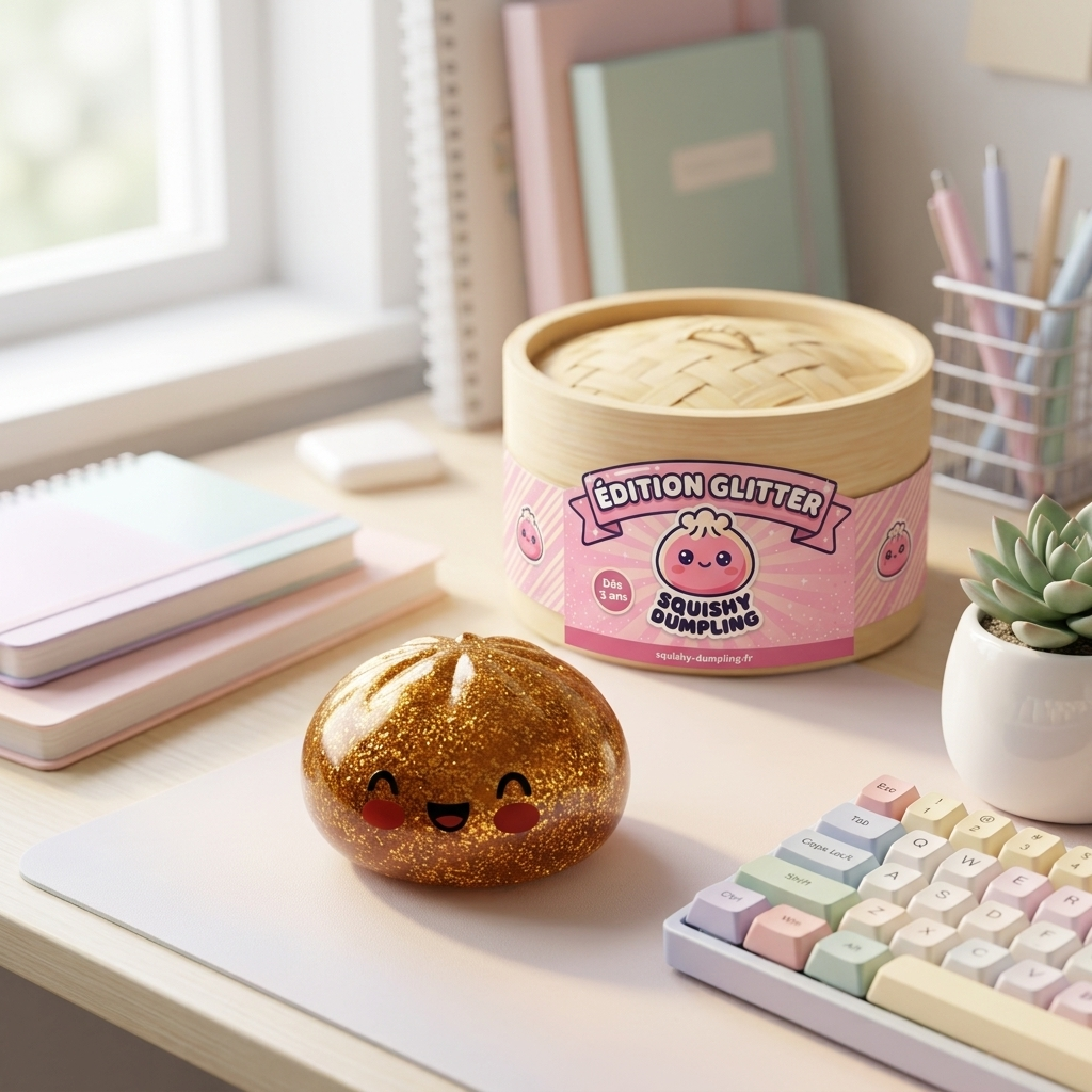 Dumpling Squishy Glitter Or Unique Trésor en ambiance sur un bureau