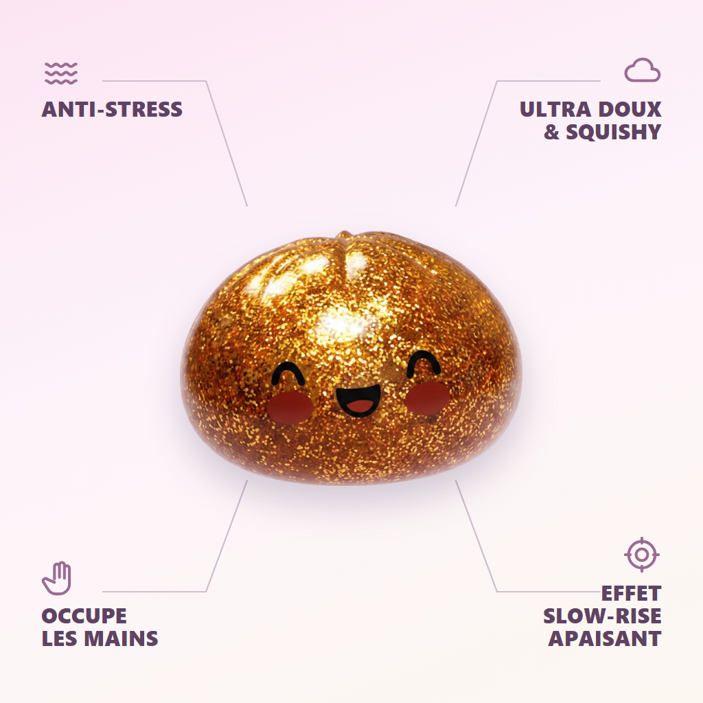 Dumpling Squishy Glitter Or Unique Trésor — anti-stress, ultra doux, effet slow-rise