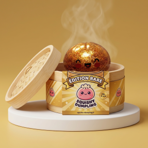 Dumpling Squishy Glitter Or Unique Trésor dans sa boîte panier vapeur façon bambou