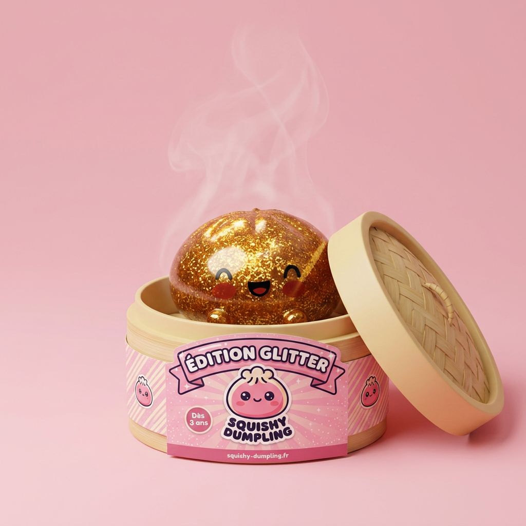 Dumpling Squishy Glitter Or Unique Trésor dans sa boîte panier vapeur bambou