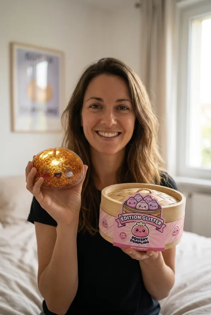 Dumpling Squishy Glitter Or Unique Trésor présenté avec sa boîte panier vapeur — photo client