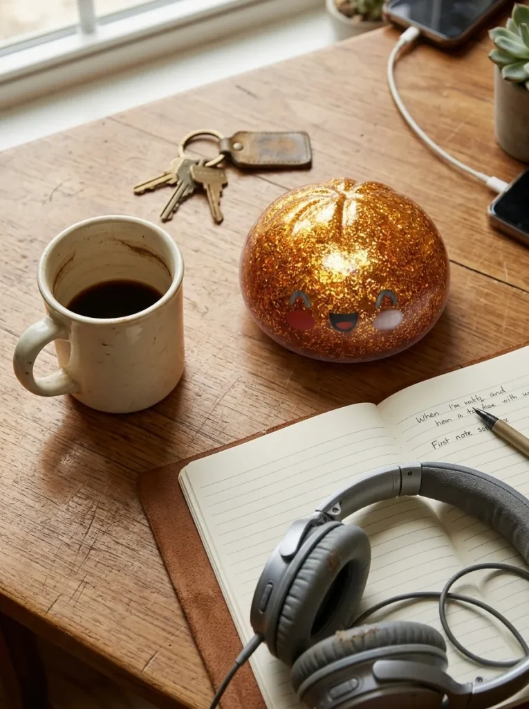 Dumpling Squishy Glitter Or Unique Trésor posé sur un bureau, dans le quotidien