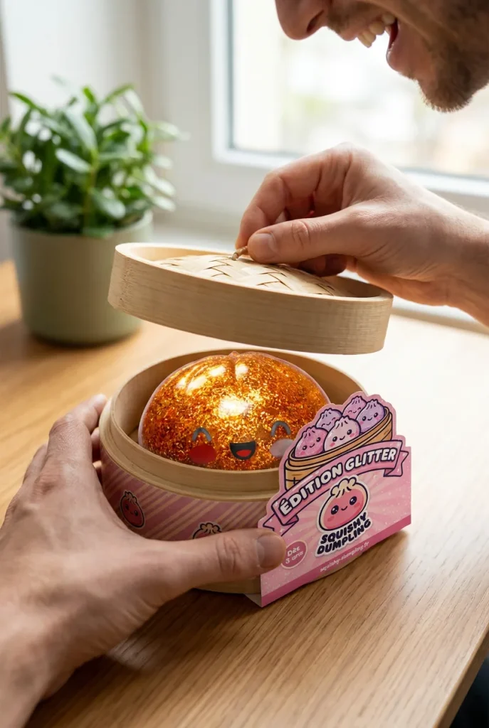Déballage du Dumpling Squishy Glitter Or Unique Trésor — la boîte panier vapeur s'ouvre