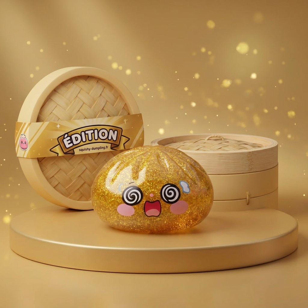 Gold Dumpling Squishy Doré Chance en ambiance sur un bureau