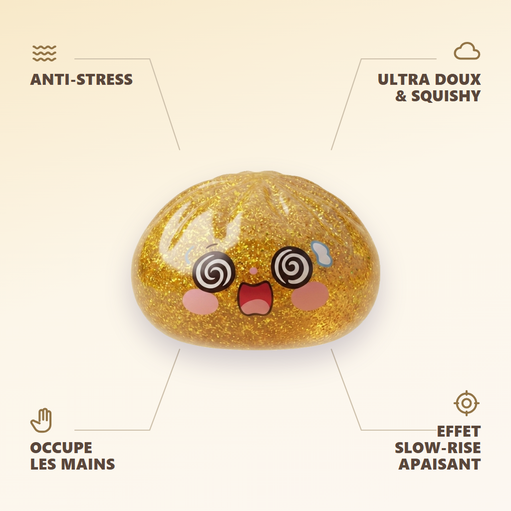 Gold Dumpling Squishy Doré Chance — anti-stress, ultra doux, effet slow-rise