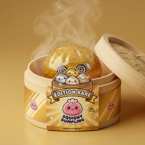 Gold Dumpling Squishy Doré Chance dans sa boîte panier vapeur bambou